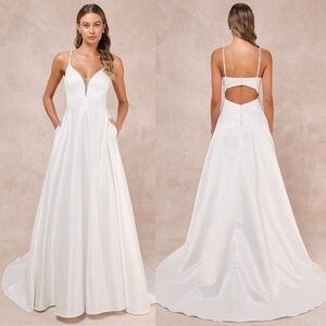 NWT Lulu’s Exceptional Passion Satin Cutout Maxi Wedding Dress Pockets Large